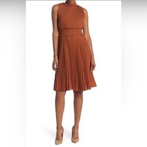 Nanette Lepore Pleated Fit and Flare Dress 8 Orange Smocked Waist Sleeveless